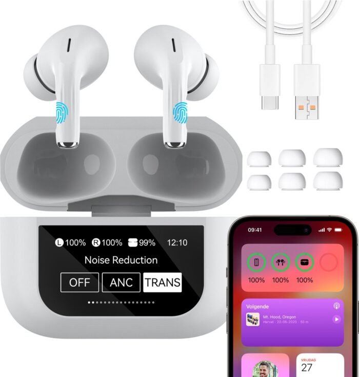In-Ear Draadloze Oordopjes met Touch Display - Geschikt voor iPhone Oortjes - Nieuwe Bluetooth 5.4 - Noise Cancelling - Oortjes Draadloos - Originele Wireless EarBuds - Phreeze TWS9 Pro
