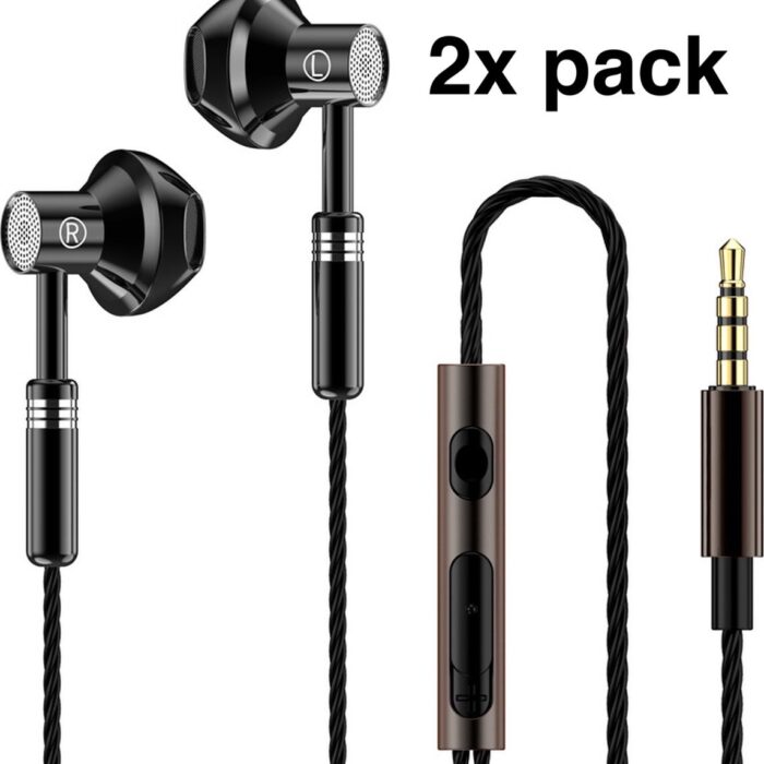 2 x Bedrade oortjes - Earpods -In Ear Oordopjes - Oortjes met Draad en Microfoon - Extra Bass - 3,5mm Jack Aansluiting - 120cm kabel - Zwart