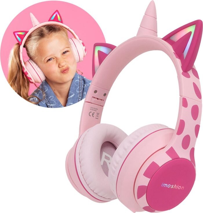 imoshion Kinder Koptelefoon Unicorn - Met Decibelbegrenzer - Bluetooth Koptelefoon Kinderen - Draadloze Over-Ear Hoofdtelefoon - Pink / Hot Pink