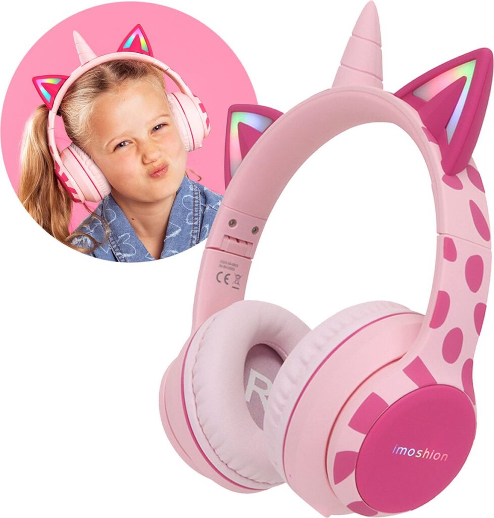 imoshion Kinder Koptelefoon Unicorn - Met Decibelbegrenzer - Bluetooth Koptelefoon Kinderen - Draadloze Over-Ear Hoofdtelefoon - Pink / Hot Pink