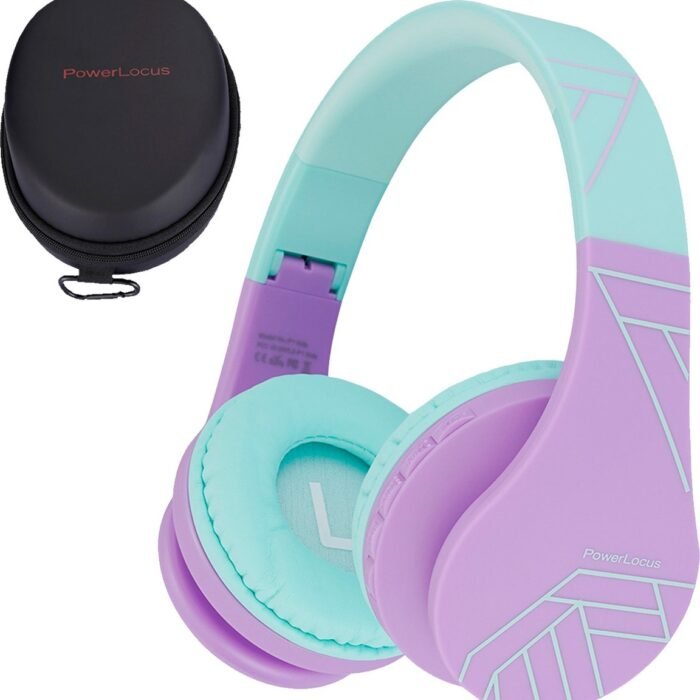 PowerLocus P1 Kids Kinder Koptelefoon Draadloos - Koptelefoon voor kinderen - Veilig volume van 85 dB - Bluetooth Hoofdtelefoon - Met microfoon - incl. Premium Case - Paars/Groen