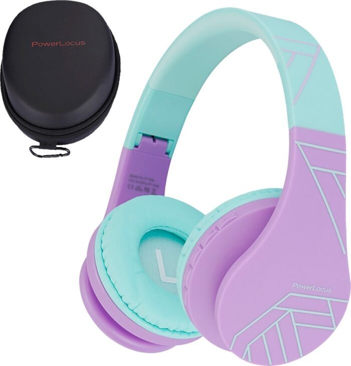 PowerLocus P1 Kids Kinder Koptelefoon Draadloos - Koptelefoon voor kinderen - Veilig volume van 85 dB - Bluetooth Hoofdtelefoon - Met microfoon - incl. Premium Case - Paars/Groen