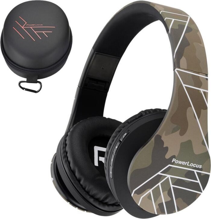 PowerLocus P2 - Draadloze Over-Ear Koptelefoon Inklapbaar - Bluetooth Hoofdtelefoon - Met microfoon – Headphone - Micro SD mode – Incl. Carry Case – Camouflage