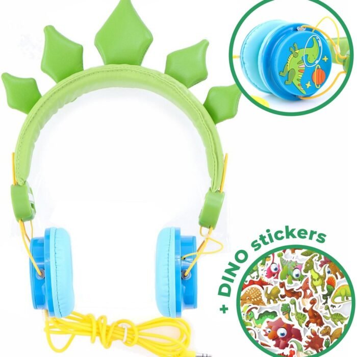 Dino Koptelefoon Kinderen – voor Jongens – Volume begrenzing + Verstelbaar – Kindveilige Hoofdtelefoon Storingsvrij door snoer + Dino stickers – kleur Groen HU04