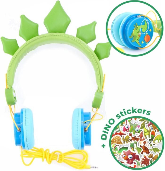 Dino Koptelefoon Kinderen – voor Jongens – Volume begrenzing + Verstelbaar – Kindveilige Hoofdtelefoon Storingsvrij door snoer + Dino stickers – kleur Groen HU04