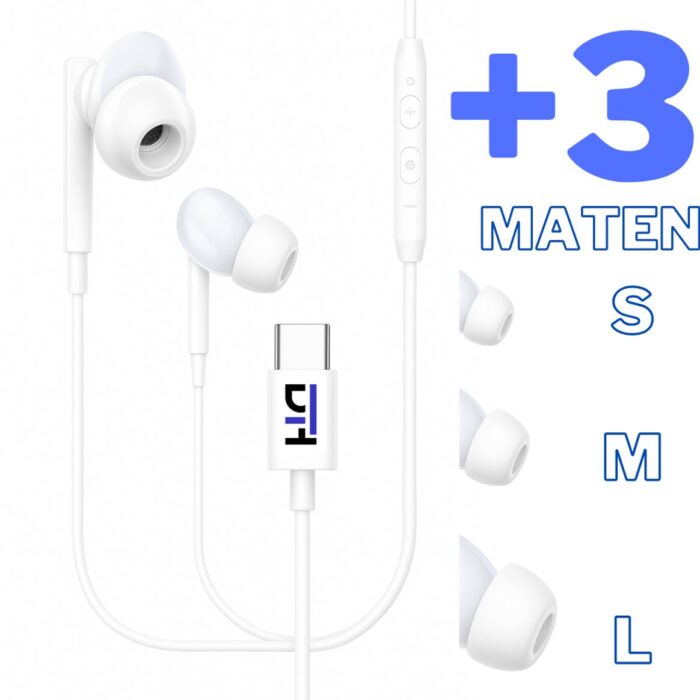 DTH® USB-C Oordopjes – Bedraad – Met Microfoon & Afstandsbediening – Comfortabele Pasvorm – 3 Maten Oordoppen – Plug & Play – In-Ear Type-C Oortjes – 120cm Kabel