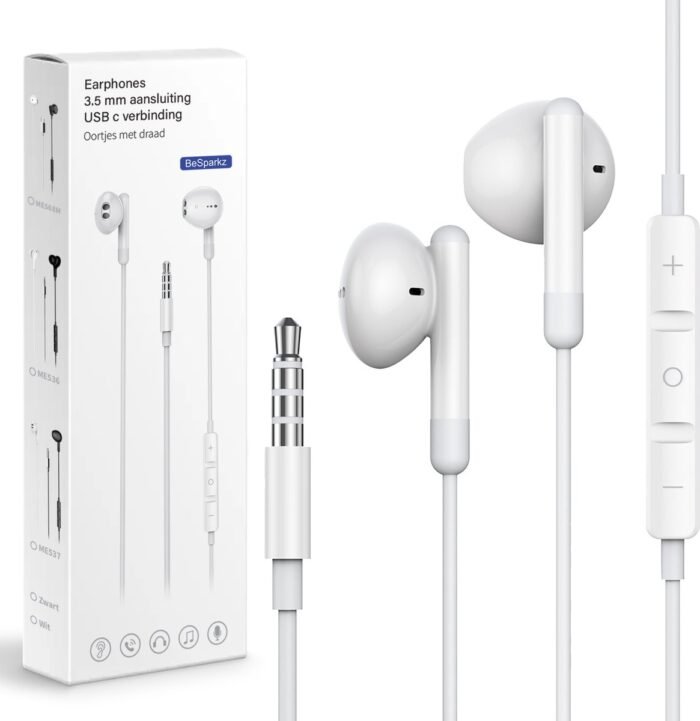 BeSparkz Oortjes met Draad - 3.5mm Jack Aansluiting - Oordopjes met Draad - Oortjes met Draad en Microfoon - Wit