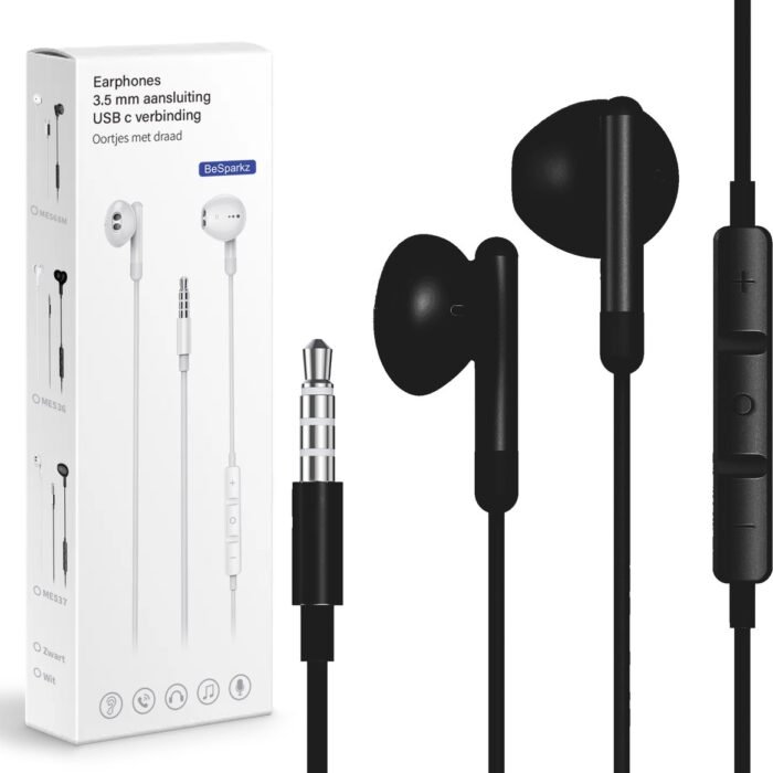 BeSparkz Oortjes met Draad - 3.5mm Jack Aansluiting - Oordopjes met Draad - Oortjes met Draad en Microfoon - Zwart