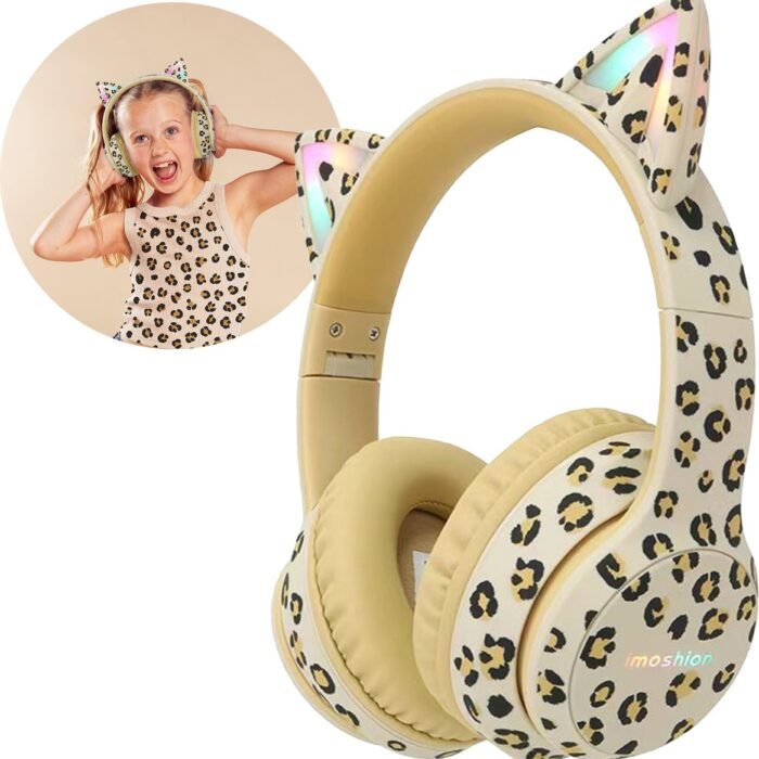 imoshion Kinder Koptelefoon met Kattenoortjes - Met Decibelbegrenzer - Bluetooth Koptelefoon Kinderen - Draadloze Over-Ear Hoofdtelefoon - Leopard