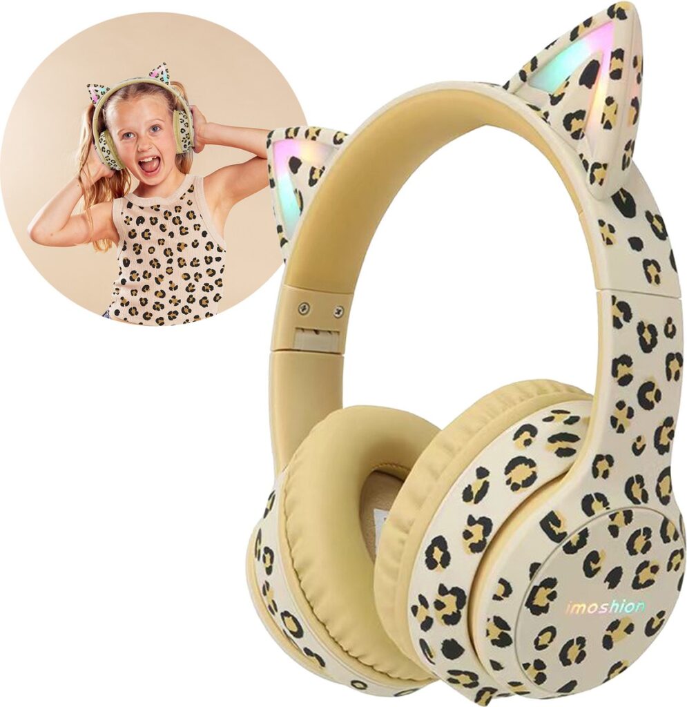 imoshion Kinder Koptelefoon met Kattenoortjes - Met Decibelbegrenzer - Bluetooth Koptelefoon Kinderen - Draadloze Over-Ear Hoofdtelefoon - Leopard