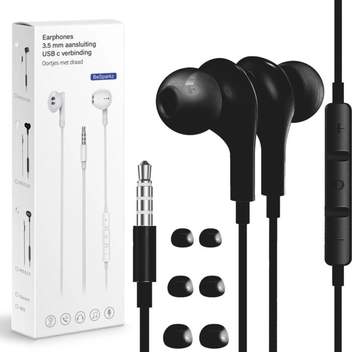 BeSparkz Oortjes met Draad - 3.5mm Jack Aansluiting - In-Ear Oordopjes met Draad - Oortjes met Draad en Microfoon - Zwart