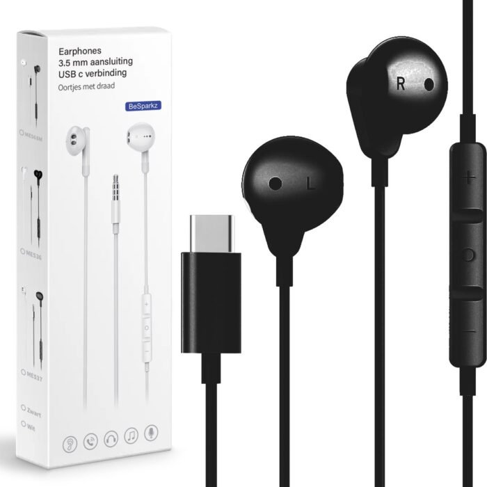 BeSparkz Oortjes met Draad - USB-C aansluiting - Oordopjes met Draad - Oortjes met Draad en Microfoon - Zwart
