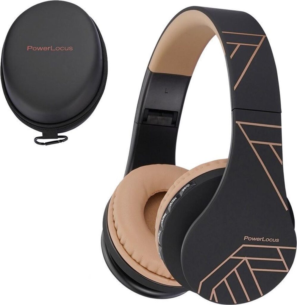 PowerLocus P1 Bluetooth Koptelefoon – Draadloos – Over Ear – Met Microfoon – Inklapbaar - incl. Hoes – Zwart/Bruin