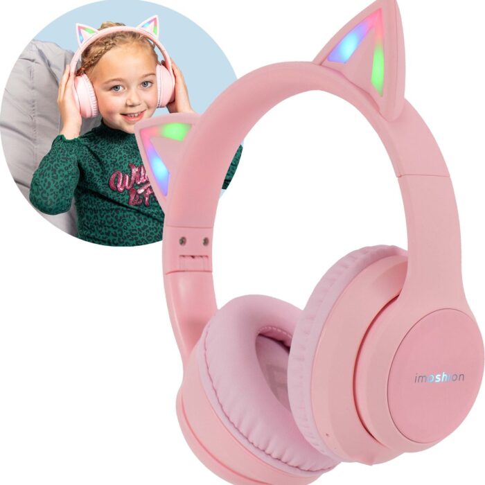 imoshion Kinder Koptelefoon met Kattenoortjes - Met Decibelbegrenzer - Bluetooth Koptelefoon Kinderen - Draadloze Over-Ear Hoofdtelefoon - Roze