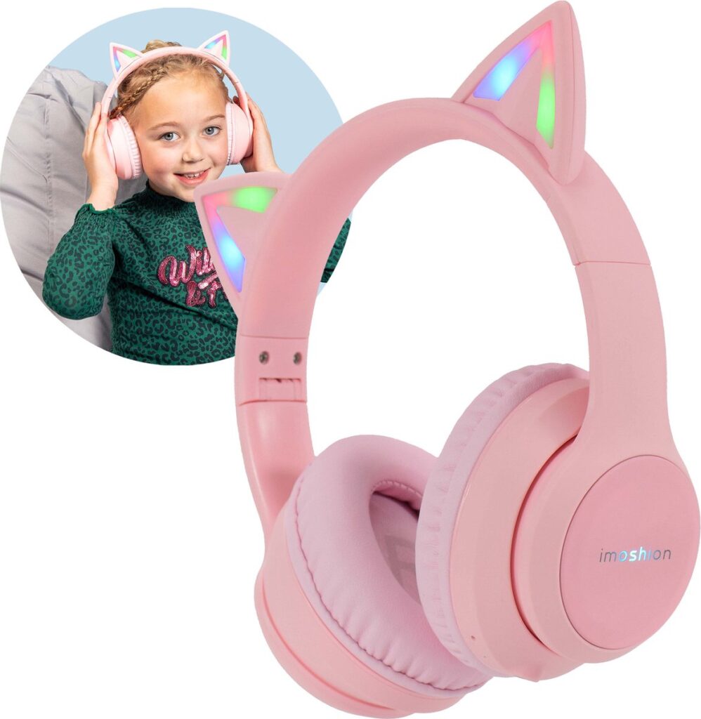 imoshion Kinder Koptelefoon met Kattenoortjes - Met Decibelbegrenzer - Bluetooth Koptelefoon Kinderen - Draadloze Over-Ear Hoofdtelefoon - Roze