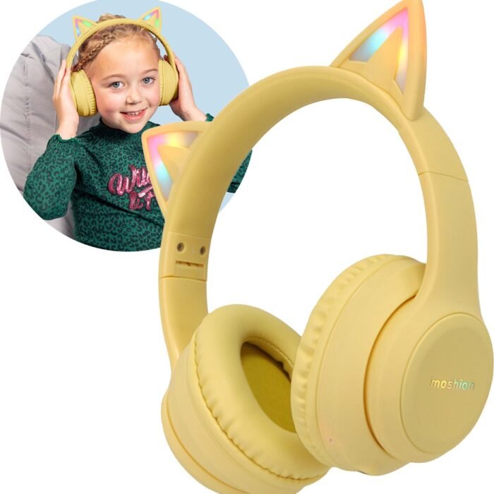 imoshion Kinder Koptelefoon met Kattenoortjes - Bluetooth Koptelefoon Kinderen - Draadloze Over-Ear Hoofdtelefoon - Geel