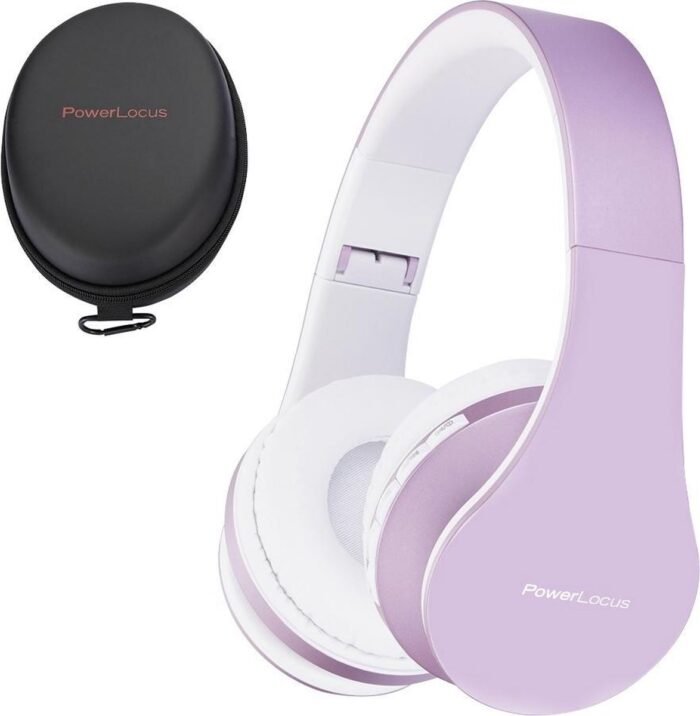 PowerLocus P1 Bluetooth Koptelefoon – Draadloos – Over Ear – Met Microfoon – Inklapbaar - incl. Hoes – Wit/Paars