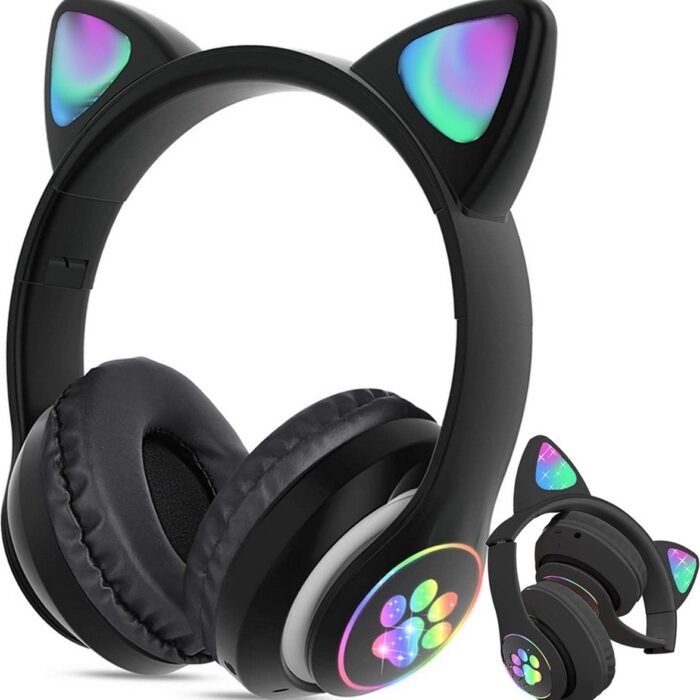 Kinder Koptelefoon - Hoofdtelefoon - Draadloos - Bluetooth - Kattenoortjes - LED - Zwart