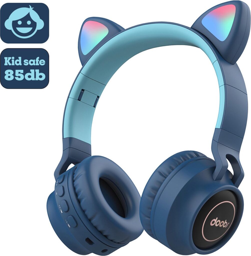 Kinder hoofdtelefoon DOBI by doobs - Draadloze koptelefoon Bluetooth met led kattenoortjes donker blauw - KIDS - VOLUME BEGRENZING - 85DB