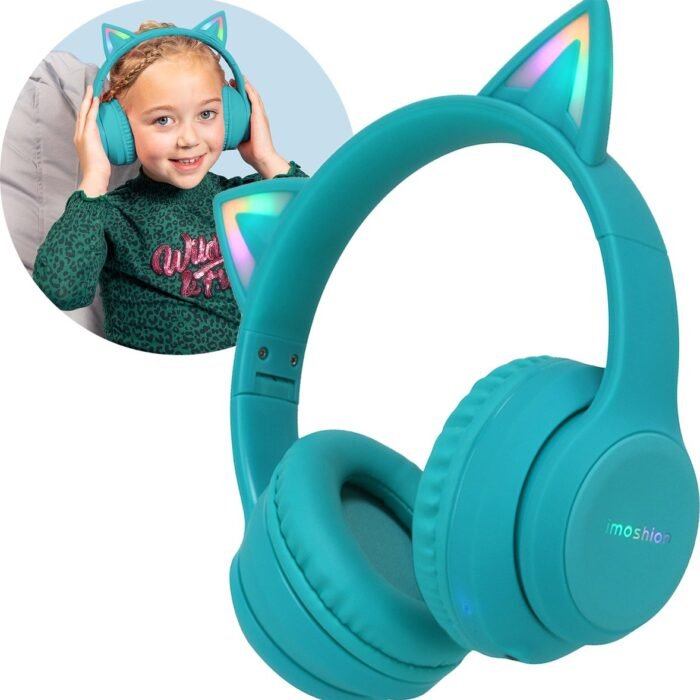 imoshion Kinder Koptelefoon met Kattenoortjes - Bluetooth Koptelefoon Kinderen - Draadloze Over-Ear Hoofdtelefoon - Lichtblauw