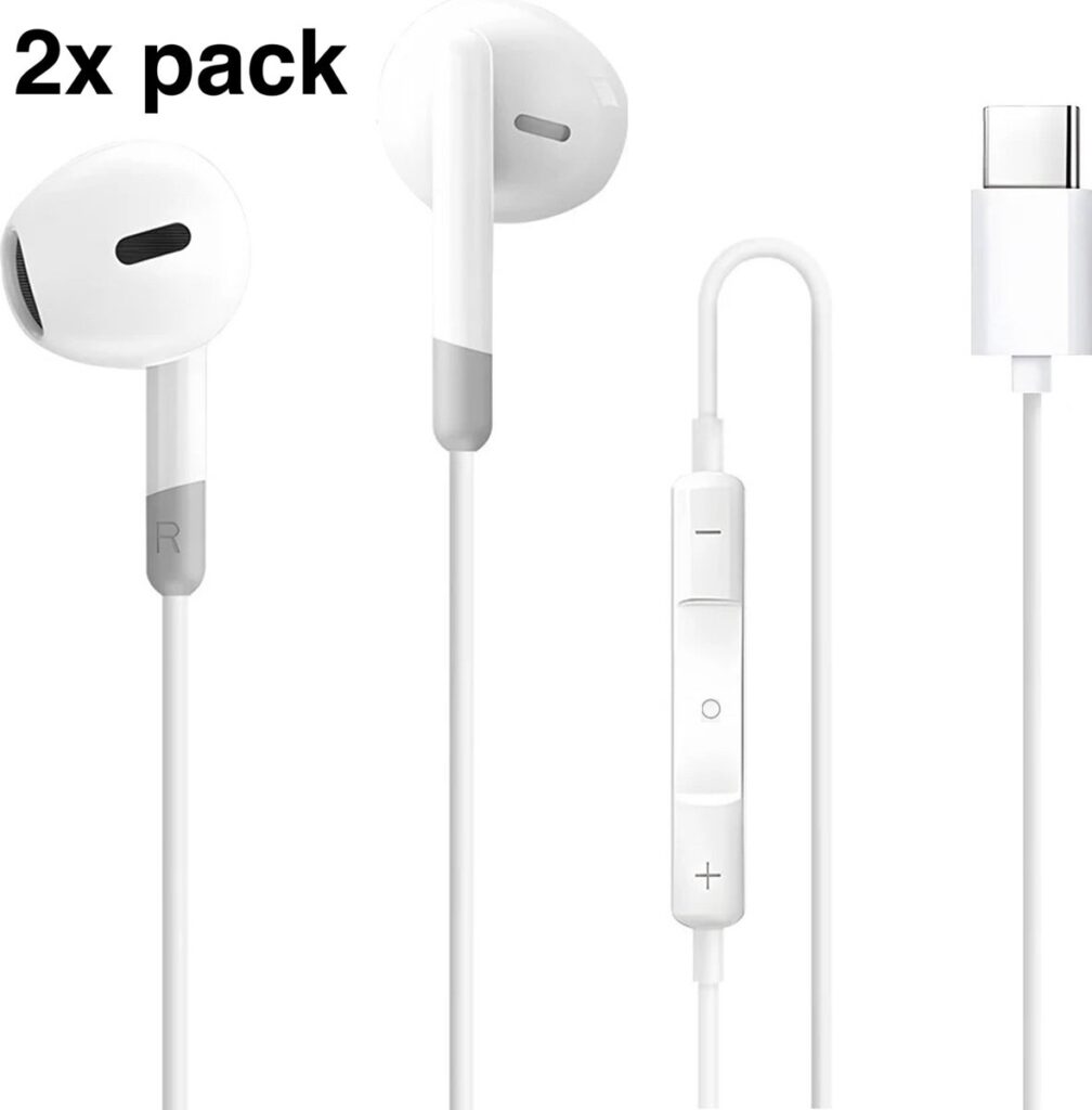 2 x In-Ear Oordopjes met USB C Aansluiting - Earpods - Bedrade oorjtes - Oortjes met Draad en Microfoon voor Telefoon / Tablet / Laptop / Smartphone / GSM - Wit