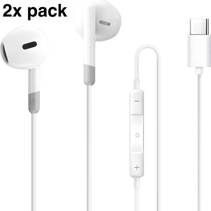 2 x In-Ear Oordopjes met USB C Aansluiting - Earpods - Bedrade oorjtes - Oortjes met Draad en Microfoon voor Telefoon / Tablet / Laptop / Smartphone / GSM - Wit
