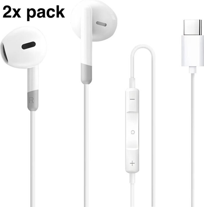 2 x In-Ear Oordopjes met USB C Aansluiting - Earpods - Bedrade oorjtes - Oortjes met Draad en Microfoon voor Telefoon / Tablet / Laptop / Smartphone / GSM - Wit