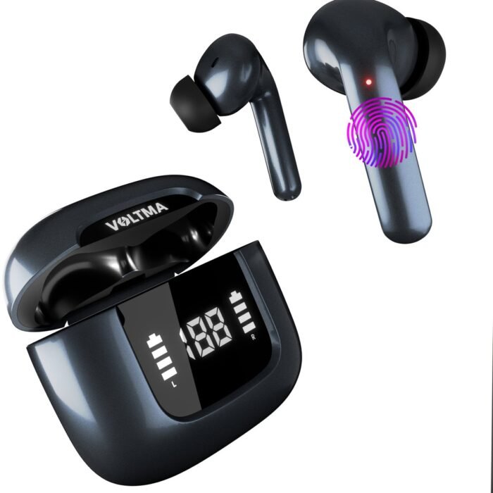 Voltma® Bolt Action Draadloze Oordopjes - Oortjes draadloos - IPX5 waterdicht - ENC + ANC Noise Cancelling - Wireless Earbuds met 6 Microfoons En 45 Uur Speeltijd - Bluetooth Earpods met True Tone LED-display Compatibel met IOS en Android (Zwart)