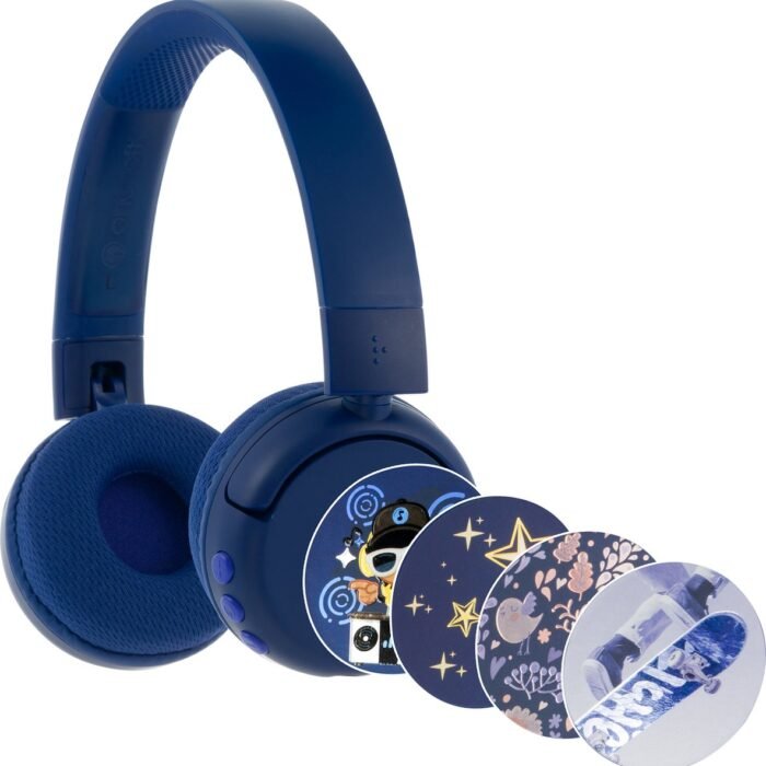 BuddyPhones PopFun Koptelefoon Kinderen - Kinder Koptelefoon Draadloos – Volumelimiet 84/95 dB – 24 uur batterijduur – Bluetooth Hoofdtelefoon - Ingebouwde microfoon - Inclusief Leuke Stickers - Blauw