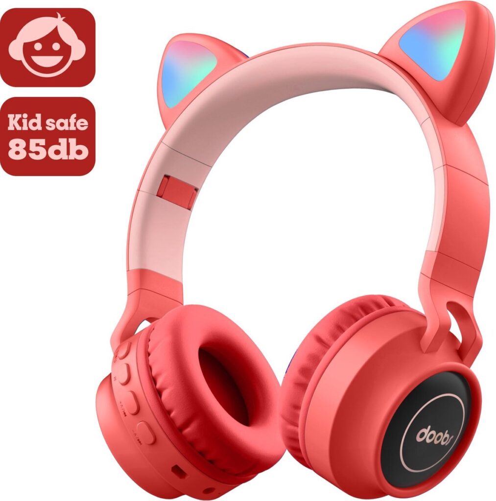 Kinder hoofdtelefoon DOBI by doobs - Draadloze koptelefoon Bluetooth met led kattenoortjes rood - KIDS - VOLUME BEGRENZING - 85DB