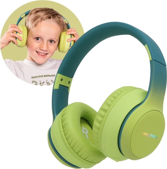 imoshion Kinder Koptelefoon met LED Verlichting - Met Decibelbegrenzer - Bluetooth Koptelefoon Kinderen - Draadloze Over-Ear Hoofdtelefoon - Petrol Green / Lime