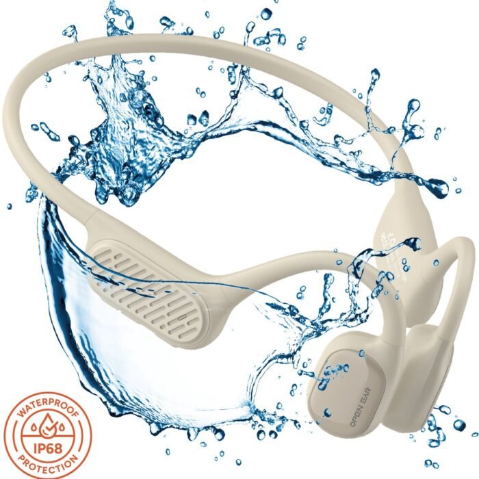 Goods&Co.® Bone Conduction Headphone draadloze Sport Oortjes – Sport Oortjes – Draadloze Oordopjes – Hardloop Koptelefoon – IP68 Waterdicht – 32GB Muziekopslag – Bluetooth 5.3 – Geschikt voor Smartphone & Laptop – Beige (2025 model)