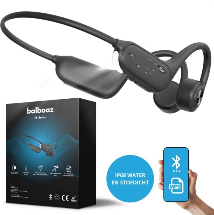 balboaz Bone Conduction Headphone | Draadloze open ear sport koptelefoon | bluetooth en mp3 (32GB opslag) | Oordopjes met licht | IP68 Waterdicht en stofdicht