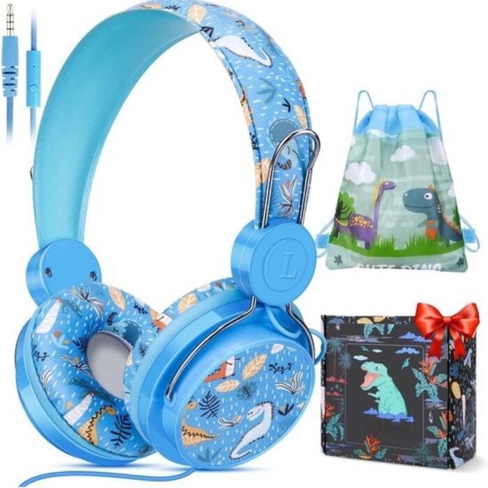 StayPowered Kinderheadset - Schattige Dinosaurusontwerp voor Comfortabel Luisterplezier! - Geïntegreerde Microfoon - Inclusief Geschenkdoos - Uitgebreide Volumecontrole - Schattig Cartoondesign - Blauw - Levering Sneller dan Aangegeven!