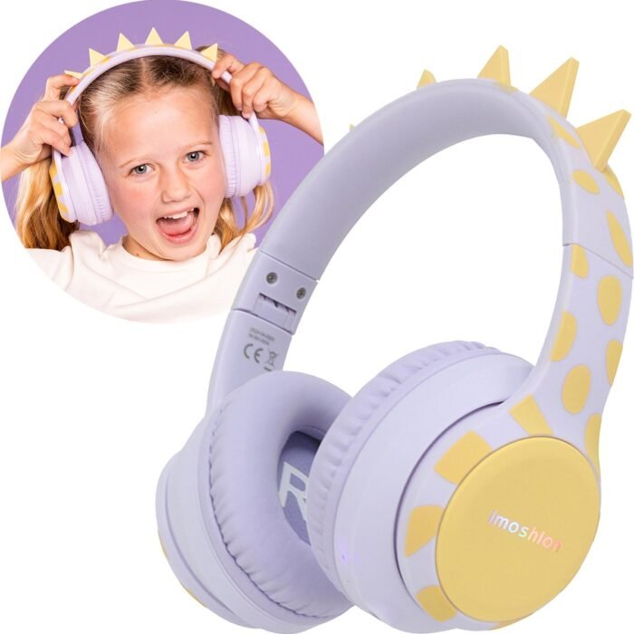 imoshion Kinder Koptelefoon Dino - Met Decibelbegrenzer - Bluetooth Koptelefoon Kinderen - Draadloze Over-Ear Hoofdtelefoon - Lavender Lilac / Yellow