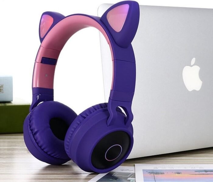 TDR- Draadloze Bluetooth koptelefoon - Over-Ear Koptelefoon voor Kinderen - Met Led Kat Oortjes - Bekend van TikTok - Paars