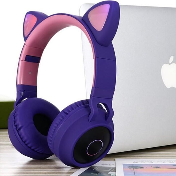 TDR- Draadloze Bluetooth koptelefoon - Over-Ear Koptelefoon voor Kinderen - Met Led Kat Oortjes - Bekend van TikTok - Paars