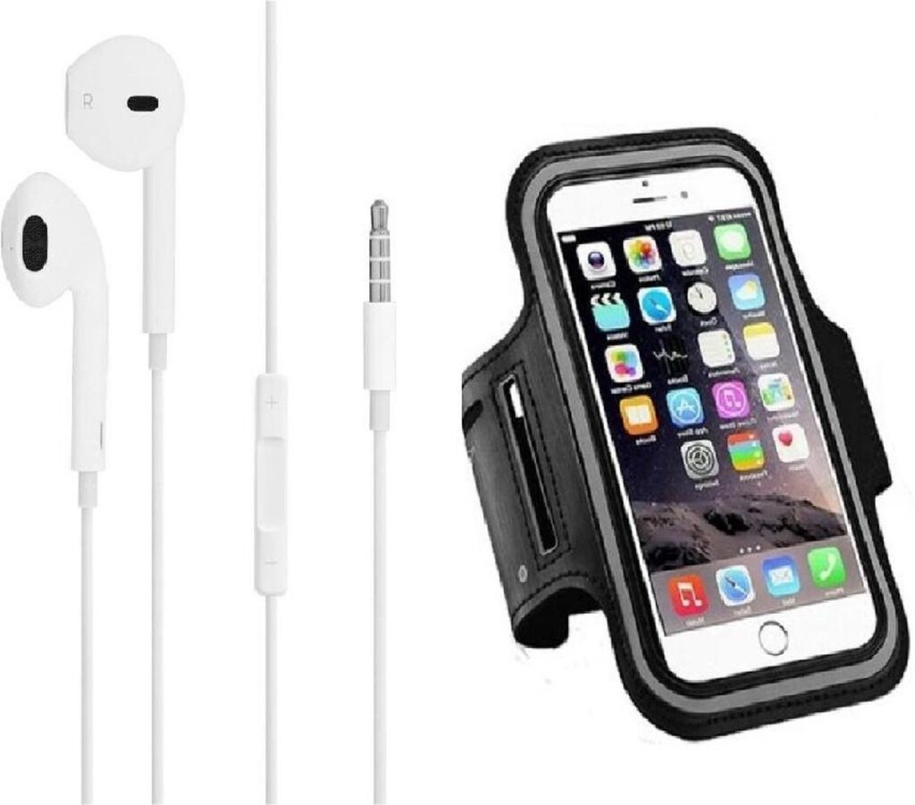 DrPhone SPO2 – Reflecterende Sportarmband L 5.8 inch - Headset met 3.5mm jackaansluiting – Microfoon – Wit - Zwart