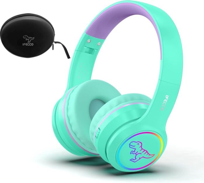 StayPowered Kinder Bluetooth Hoofdtelefoon - Perfect voor School & Reis - Veilig Volumeniveau - Heldere Geluidskwaliteit - met LED - Draadloos & Bekabeld - Versterkt Materiaal - Lange Batterijduur - Groen/Paars - Levering Sneller dan Aangegeven!