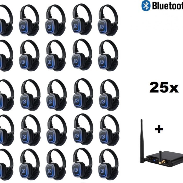 Silent Disco Pro Box 25 +Bluetooth | 25 HiFi Headsets FD, Bluetooth zender T80-Pro, Storage Box | DOLLY DIGITAL©