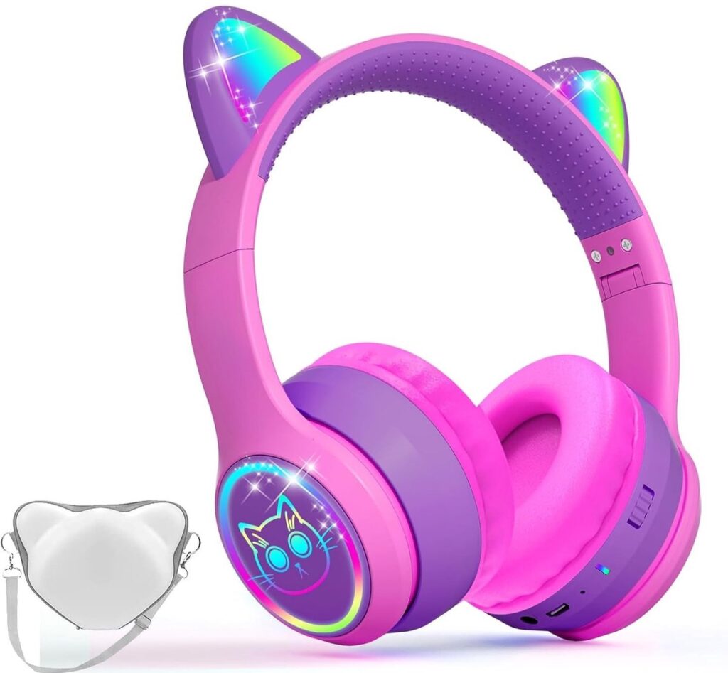 StayPowered Kinder Bluetooth Hoofdtelefoon - Perfect voor School & Reis - Veilig Volumeniveau - Heldere Geluidskwaliteit - met LED - Draadloos & Bekabeld - Versterkt Materiaal - Lange Batterijduur - Roze/Paars - Levering Sneller dan Aangegeven!