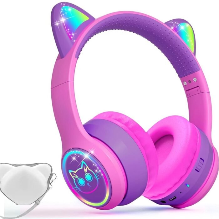 StayPowered Kinder Bluetooth Hoofdtelefoon - Perfect voor School & Reis - Veilig Volumeniveau - Heldere Geluidskwaliteit - met LED - Draadloos & Bekabeld - Versterkt Materiaal - Lange Batterijduur - Roze/Paars - Levering Sneller dan Aangegeven!