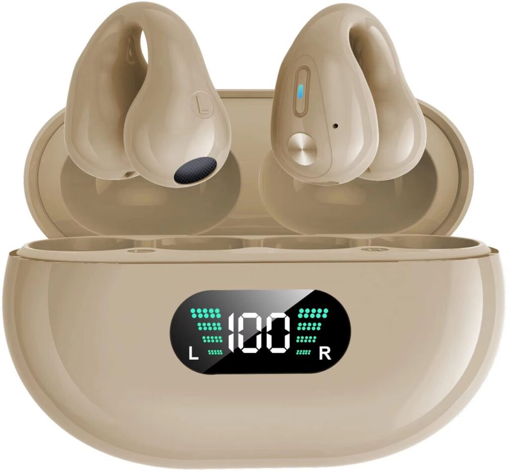 Draadloze oordopjes met oorclip Kaki - Sport Oordopjes - Geschikt voor Apple en Android - Bluetooth 5.3 - Draadloze oortje Bluetooth - Sport Oordopjes - Bluetooth Oordopjes - Draadloze Oordopjes - Oortjes Draadloos - In-Ear Oordopjes