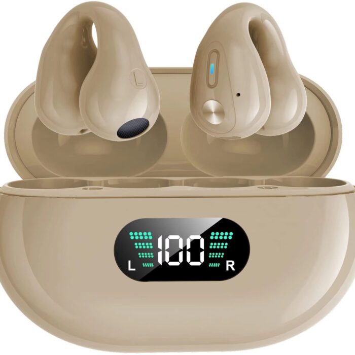 Draadloze oordopjes met oorclip Kaki - Sport Oordopjes - Geschikt voor Apple en Android - Bluetooth 5.3 - Draadloze oortje Bluetooth - Sport Oordopjes - Bluetooth Oordopjes - Draadloze Oordopjes - Oortjes Draadloos - In-Ear Oordopjes