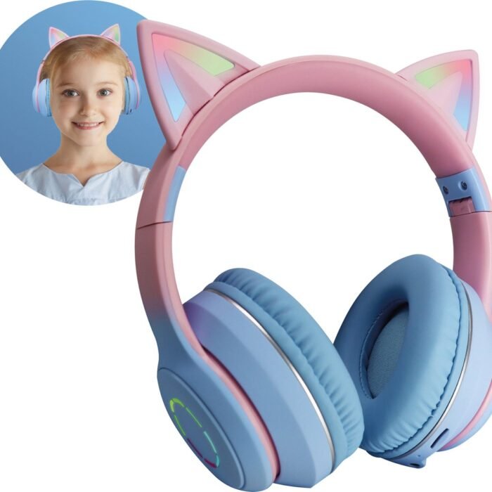 Relave Koptelefoon Kinderen Met Led Verlichting Bluetooth - Kattenoortjes - Kattenoren - Kinder Koptelefoon / Hoofdtelefoon Draadloos Over Ear - Blauw / Roze