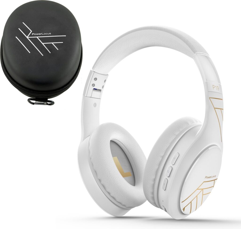 PowerLocus P19 Bluetooth Koptelefoon - Koptelefoon Draadloos - tot 70 Uur Speeltijd en met Aux Kabel - Over Ear Hoofdtelefoon - 3 EQ-Modi - Met Draagtas – Wit/Goud