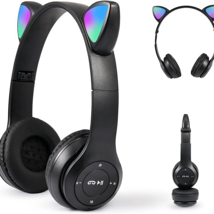 StayPowered Kinderhoofdtelefoon - Perfect voor Muziek en Gaming - LED Kattenoren - Draadloos - Verstelbaar en Opvouwbaar - Zachte Oorkussens - Ingebouwde Microfoon - Geschikt voor Kinderen - Zwart - Levering Sneller dan Aangegeven!