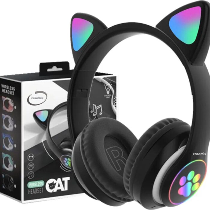 Casamix Kinder hoofdtelefoon - kattenoortjes ZWART- NL handleiding -cat headphones- Draadloze koptelefoon Bluetooth met led-Koptelefoon voor Kinderen - Met Led Kat Oortjes | met verlichting poot- Kat oor Koptel- Casamix