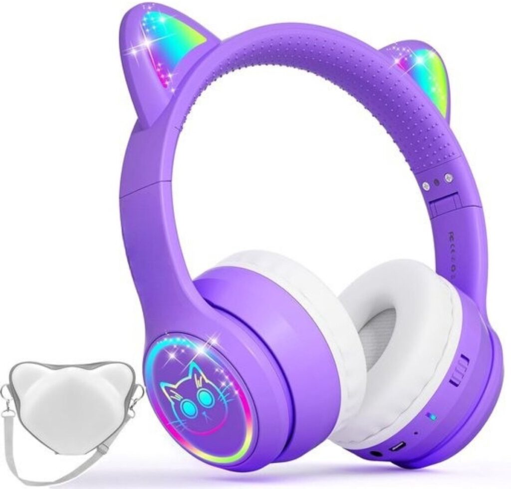 StayPowered Kinder Bluetooth Hoofdtelefoon - Perfect voor School & Reis - Veilig Volumeniveau - Heldere Geluidskwaliteit - met LED - Draadloos & Bekabeld - Versterkt Materiaal - Lange Batterijduur - Paars/Wit - Levering Sneller dan Aangegeven!