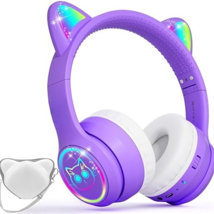 StayPowered Kinder Bluetooth Hoofdtelefoon - Perfect voor School & Reis - Veilig Volumeniveau - Heldere Geluidskwaliteit - met LED - Draadloos & Bekabeld - Versterkt Materiaal - Lange Batterijduur - Paars/Wit - Levering Sneller dan Aangegeven!